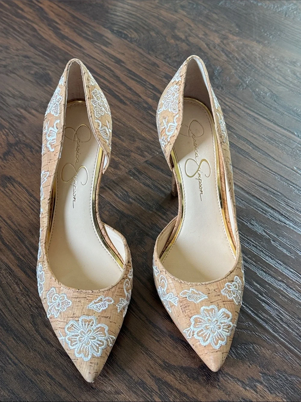 Jessica Simpson Tan Embroidered Pointed-Toe Stiletto Heels